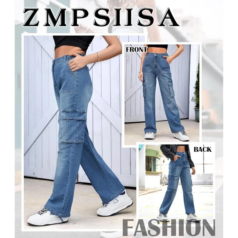 Women High Waisted Cargo Pants Denim Casual Wide Leg 6 Pockets Military